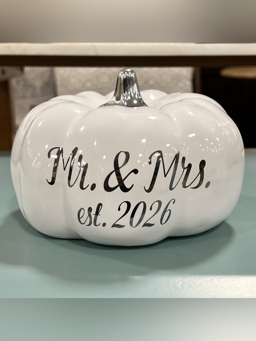 2026 Mr & Mrs Wedding Pumpkin Decor With Silver Stem NWT